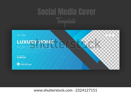 Marketing social media cover page, timeline, web, advertising banner template for real estate business promotion. Modern layout photo space with luxury home sale on blue background, black color shape