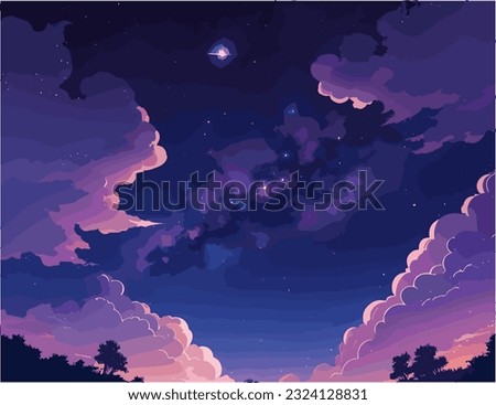 Anime background, scene of stars at night, with big pinky clouds, , vector illustration