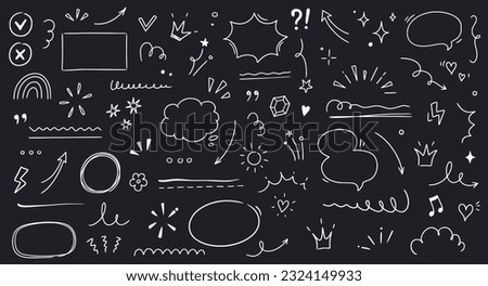 Line highlight brush, text emphasis, underline brush on chalkboard background. Hand drawn scribble highlight, arrow, star sparkle. Text underline drawn, cloud speech bubble. Vector illustration. Royalty-Free Stock Photo #2324149933