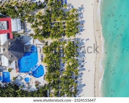 Aero Photography. View from a flying drone. Panoramic view of Playa del Carmen, Riviera Maya. Yucatan Top View. Beautiful destinations