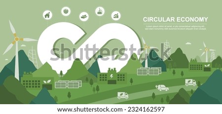 Green energy vector illustration Sustainable industry with wind turbines and solar panels, circular economy concept Royalty-Free Stock Photo #2324162597