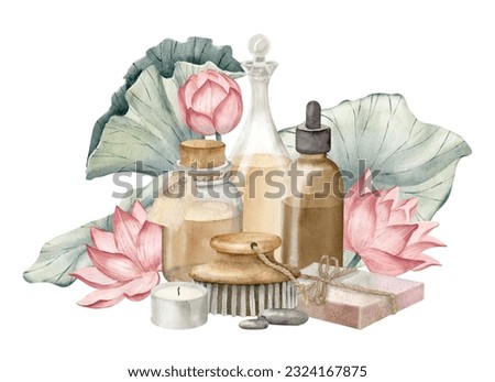 Spa cosmetics with Lotus Flowers, vintage flacons and soap. Hand drawn watercolor illustration of body care products and pink water lily on white isolated background. Drawing of toiletries.