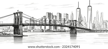 Hand drawn Stunning panoramic view of New York City skyline and Brooklyn bridge with skyscrapers and the East River flowing during the day in United States of America flat style Hand drawn Royalty-Free Stock Photo #2324174091