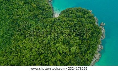 Aerial drone view of lush green island scenery with blue sea water at Tinggi Island or Pulau Tinggi in Mersing, Johor, Malaysia