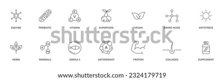 Organic, bio, vegan product label. Supplement and vitamin line icon set. Natural probiotic, protein, mineral sign for packaging. Healthy food. Detox diet badges. Nutrition sign. Vector illustration. Royalty-Free Stock Photo #2324179719