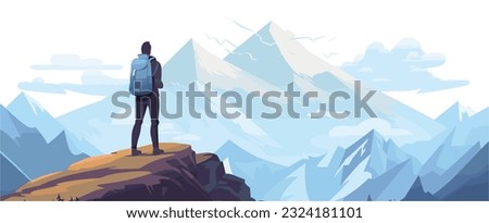 Illustration of Man with backpack, traveler or explorer standing on the top of a mountain or cliff and looking into the valley. Adventure tourism and travel concept.