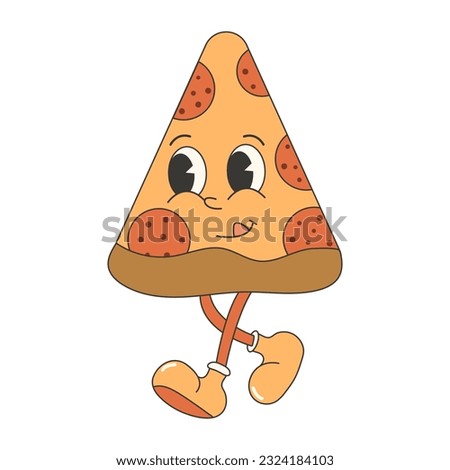 Trendy groovy fast food sticker. Retro vintage vector sticker with cute and funny pizza character.