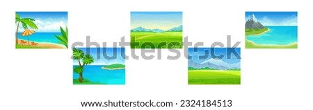 Landscape Panorama View with Green Field and Sea Shore Vector Set Royalty-Free Stock Photo #2324184513