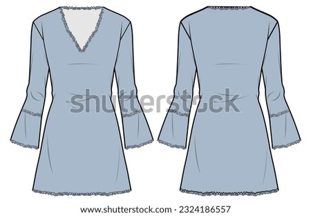 Women Shift dress design flat sketch fashion illustration with front and back view. Trumpet sleeve v neck a line dress frock cad drawing vector template Royalty-Free Stock Photo #2324186557