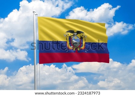Ecuador national flag waving in the wind on clouds sky. High quality fabric. International relations concept