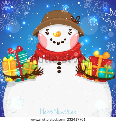 Happy New Year card with female Snowman and gifts, vector.