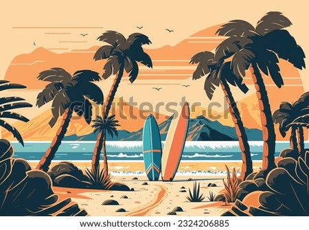 Ocean beach with surfboards. Surfing on the island against the background of mountains and palm trees. Vector flat illustration EPS 10 Royalty-Free Stock Photo #2324206885