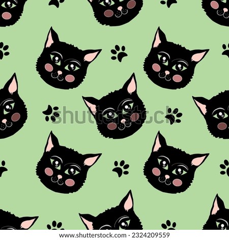 Vector Black Cute Cats with footprints signs on pastel green background. Cartoon Style Cats Faces with Foot Traces Repeatable Texture Design Background.