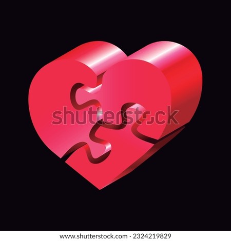3d red heart jigsaw puzzle of three pieces. Vector isolated on black background.
