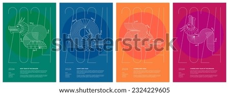 Abstract bauhaus Chinese dragons on 2024 Happy New Year poster set. Colored creative China zodiac animal dragon on flyers. Graphic asian celebration colorful prints. Modern trendy oriental paintings Royalty-Free Stock Photo #2324229605