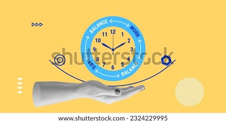 Work and life balance, daily regime, time management. Hand holds a symbolic clock with the sectors LIFE, WORK and the designation of the balance between them. Minimalist art collage