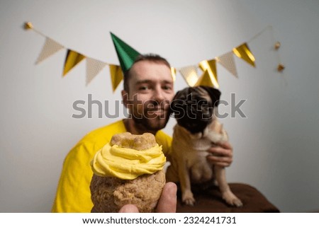 Caucasian man owner with cute funny pug dog in a party hat celebrating pet birthday with cake. Domestic animal love and pampering concept. celebrates pets birthday enjoys in a festive hat