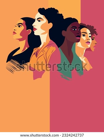 Vector flat postcard vertical banner poster space for text for International Women's Day strong women of different cultures and nationalities stand side by side together. Vector concept  Royalty-Free Stock Photo #2324242737