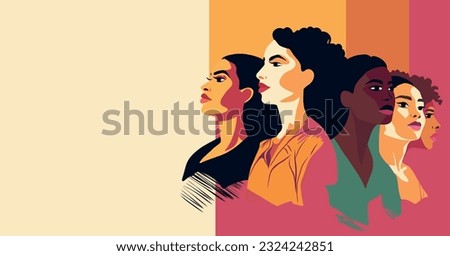 Vector creative banner place for text International Women's Day women of different cultures and nationalities stand side by side together. the concept of the movement for gender equality Royalty-Free Stock Photo #2324242851
