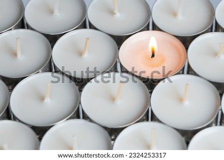 Candle. Tea Lights Candle. Mini Tealight candles for home decoration. Dripless and long lasting paraffin or white beeswax. Good for essential oil diffuser or aroma lamps. Isolated white background Royalty-Free Stock Photo #2324253317
