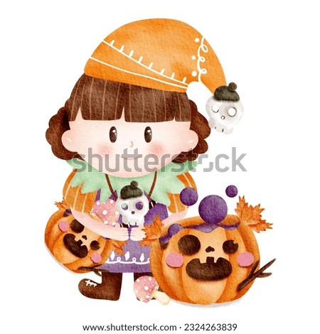Cute Halloween element.digital painting watercolor girl.cartoon character hand drawn illustration.Halloween concept.design for texture,fabric,decoration,scrapbook,sticker,print template,clothing.
