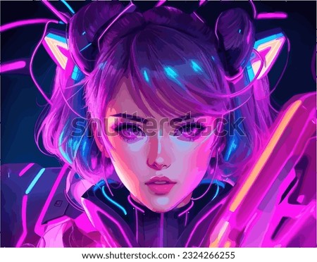 Anime girl waifu portrait in neon lights, veaporwave, synthwave, retro, vector illustration