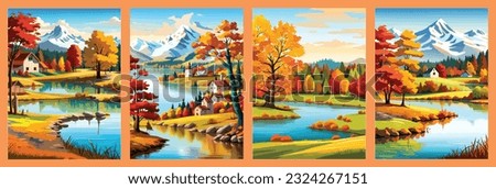 Beautiful autumn daytime landscape of a lake with mountains, trees and autumn leaves, firs, meadows, grass, sky, clouds in a flat, vertical format