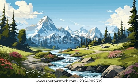 Beautiful landscape. Small river. Mountains on the horizon. Green meadow. Forest. Clear sky. Bright warm colors. The beauty of the nature. Landscape work of art. Vector illustration design. Royalty-Free Stock Photo #2324289599