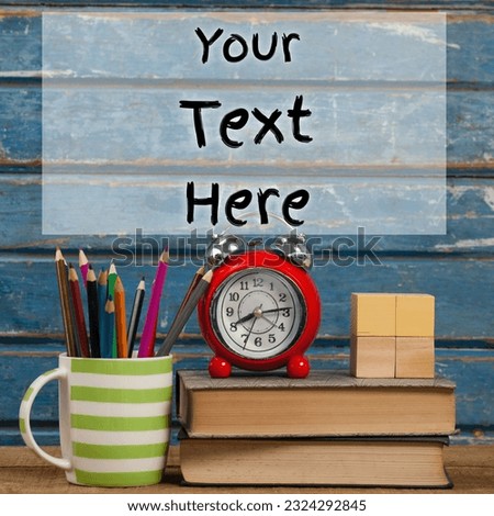 Holding text space on opaque rectangle with alarm clock, books and pencils. Social media school, education story background template concept digitally generated image.