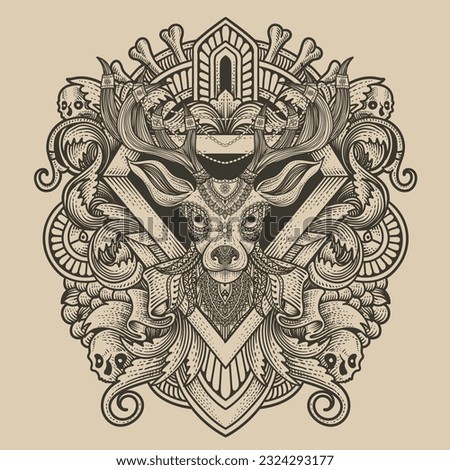 Deer head tribal style with antique engraving ornament