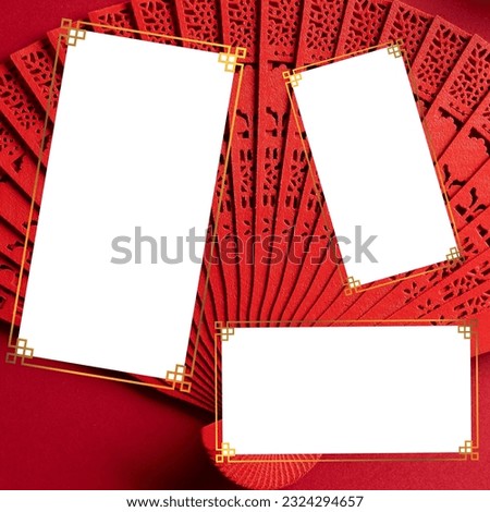 Three picture or text holding rectangular spaces with delicate gold borders on red fan background. Oriental inspired social media story post background template design digitally generated image.