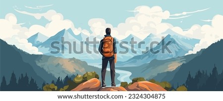 Man with backpack, traveller or explorer standing on top of mountain or cliff and looking on valley. Concept of discovery, exploration, hiking, adventure tourism and travel