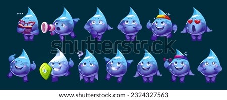 Happy water drop face mascot cartoon vector character. Cute funny raindrop icon emotion expression for animation. Reading, exercise, loudspeaker, excited and love heart comic droplet collection