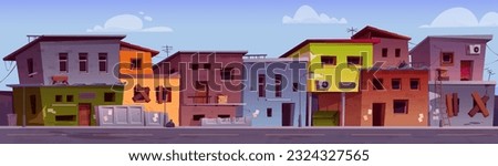 Poor ghetto city street district with slum house building vector background. Cartoon india village neighborhood with favela and broken abandoned dwelling exterior. Dilapidated cityscape with garbage Royalty-Free Stock Photo #2324327565