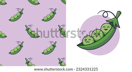 Hand drawn green pea in doodle style for designing baby clothes. Postcard with green pea and seamless pattern. Cartoon Bohemian nursery print. Kids design texture for pajamas. Vector illustration. Royalty-Free Stock Photo #2324331225