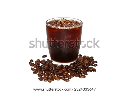 Americano ice coffee with coffee beans spread over the glass ready for serving put on white background concept isolated picture.copy space.