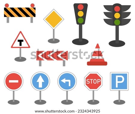 A set of road signs and a traffic light. Vector illustration on a white background.