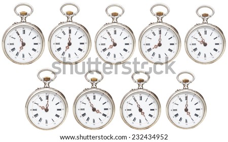 set of retro pocket watches with different time isolated on white background