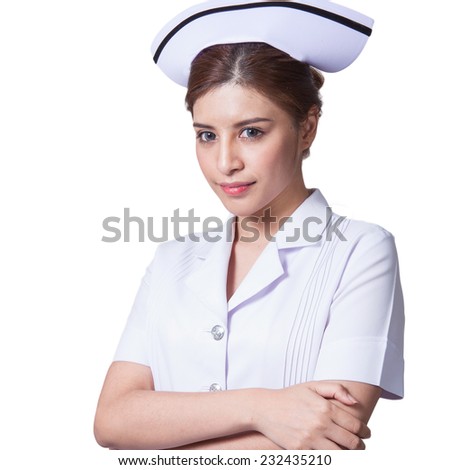 Young woman asian nurse attractive beauty brunette in white background