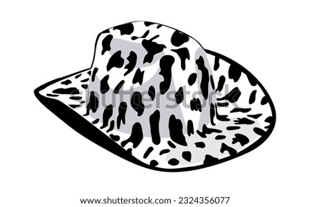 Cowboy hat decorated with cow pattern print. Cowgirl western fashion element. Wild west concept. Black monochrome Vector illustration isolated on white background.