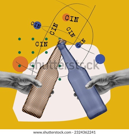 Male hands holding beer bottles and clicking over yellow background. Friends meeting. Contemporary art collage. Concept of alcohol drink, oktoberfest, taste, party, festival and leisure time, ad