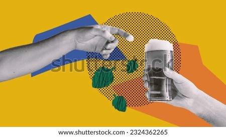 Glass of foamy beer and beer hops over yellow background. Beer festival time. Contemporary art collage. Concept of alcohol drink, oktoberfest, taste, party, festival and leisure time, ad Royalty-Free Stock Photo #2324362265