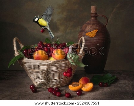 Still life with fruits, butterfly, bird,  lizard and snail