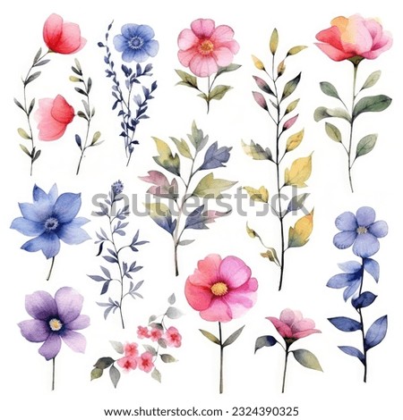 Watercolor flowers. Set Watercolor of multicolored colorful soft flowers. Flowers are isolated on a white background. Flowers pastel colors illustration Royalty-Free Stock Photo #2324390325