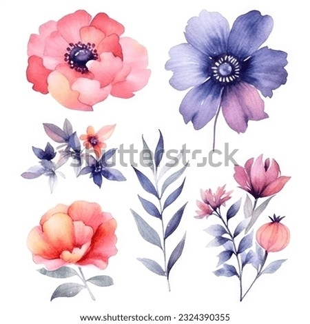 Watercolor flowers. Set Watercolor of multicolored colorful soft flowers. Flowers are isolated on a white background. Flowers pastel colors illustration Royalty-Free Stock Photo #2324390355
