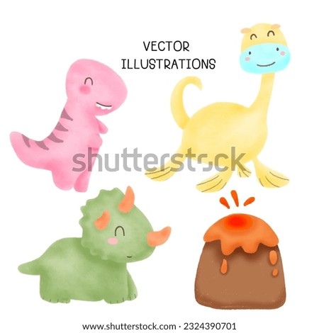 Collection of Cute doodle dinosaur with watercolor illustration