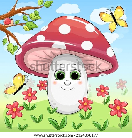 Cute cartoon mushroom in nature. Vector illustration with red flowers, yellow butterflies, grass, tree, blue sky, white clouds.