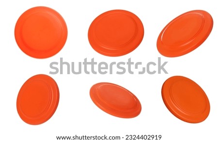 Set of orange frisbee on white background, different views