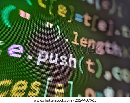 Future technology creation process. Notebook closeup photo. Abstract screen of software. The flow of information strings and data. Programming code on black background
