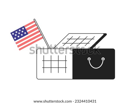 Picnic basket with american flag monochrome flat vector object. Independence day usa celebration. Editable black white thin line icon. Simple cartoon clip art spot illustration for web graphic design